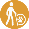 Accessibility training icon showing a person walking with a cane beside a paw print, used by Partner Dogs Canada for volunteer education.