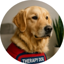 Golden Retriever wearing a red Therapy Dog vest representing Partner Dogs Canada’s certified therapy program.
