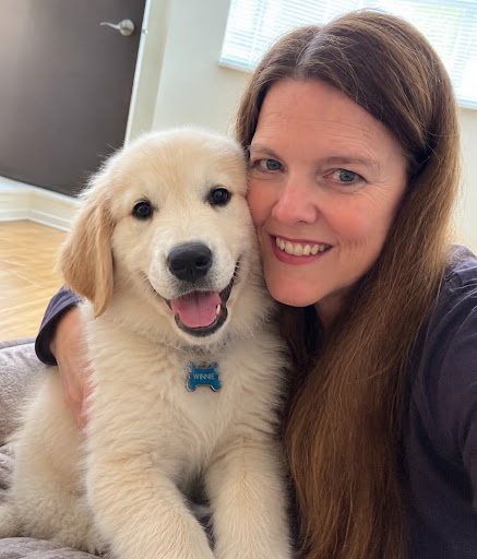 Winston, a Golden Retriever service dog puppy candidate, with his foster mom Sandra. Class location to follow (PDC)